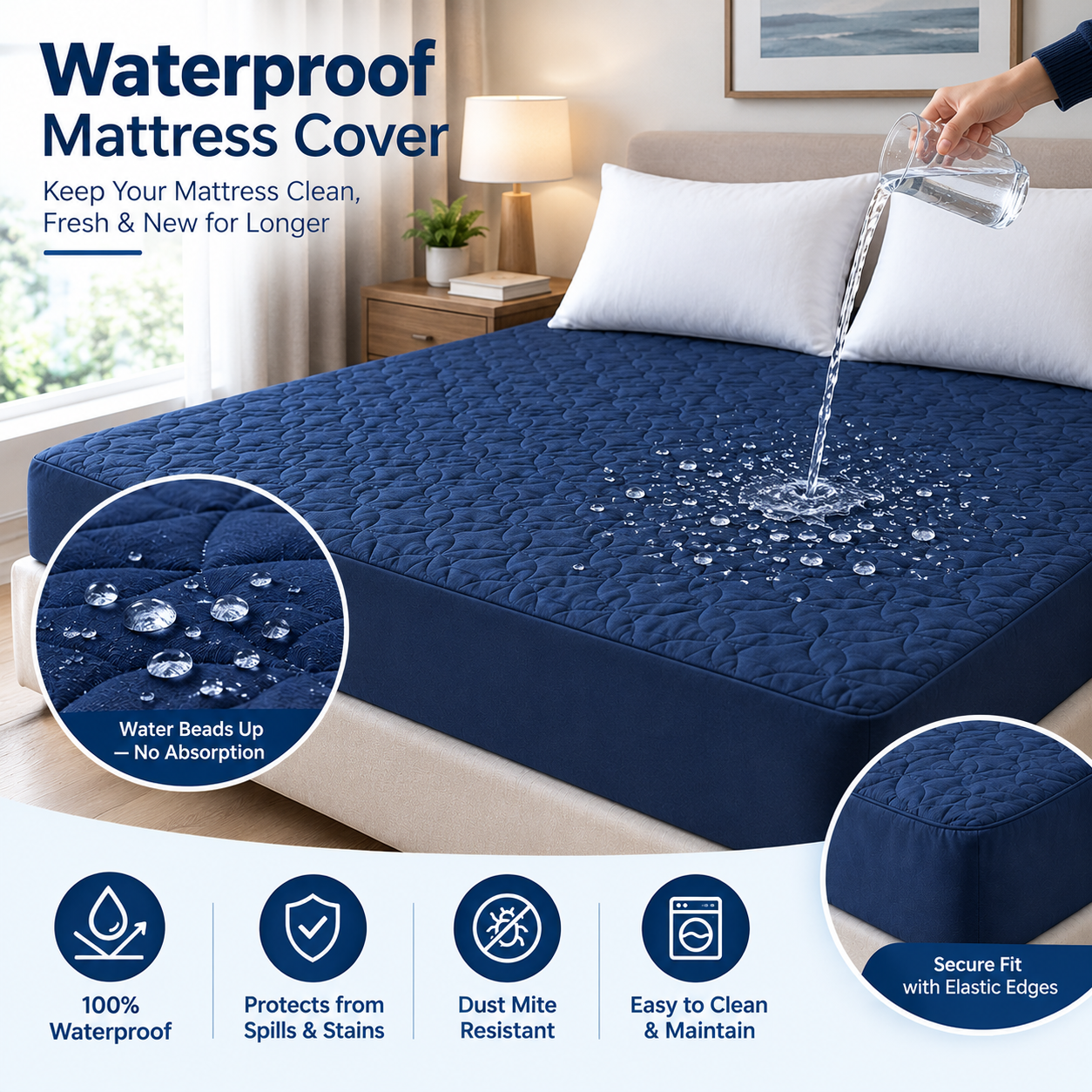 Quilted waterproof Mattress Cover - Navy