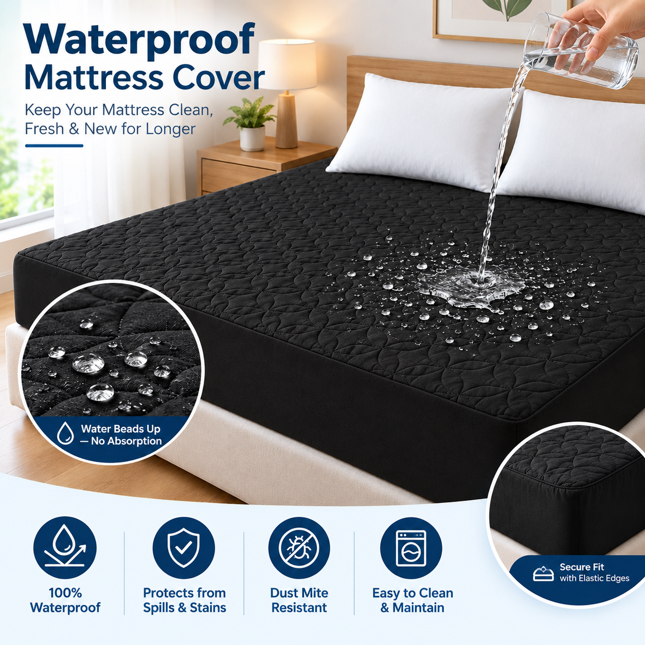 Quilted waterproof Mattress Cover - Black
