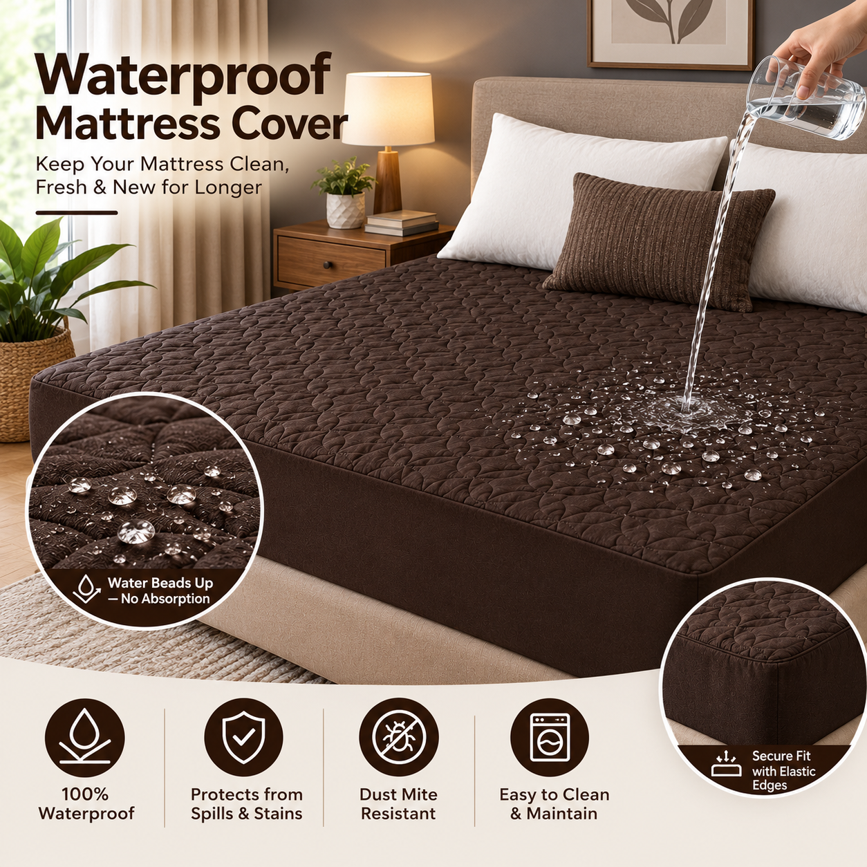Quilted waterproof Mattress Cover - Brown
