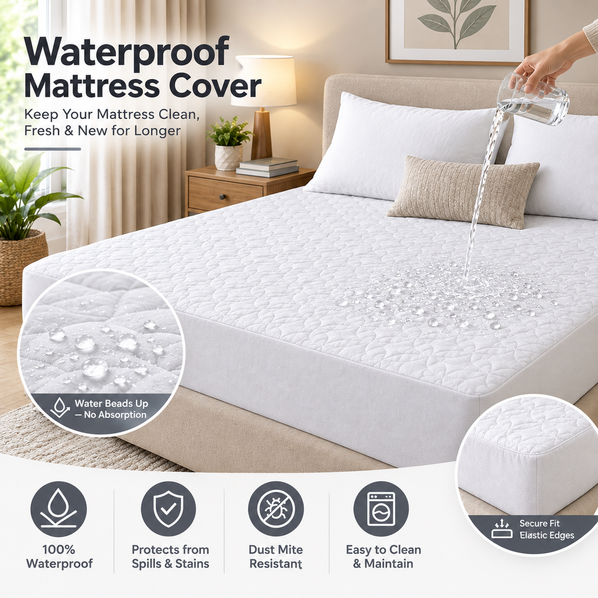 Quilted waterproof Mattress Cover - White