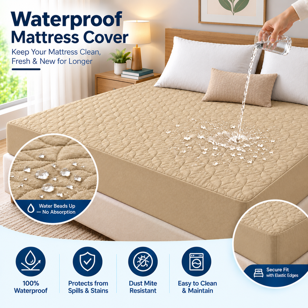 Quilted waterproof Mattress Cover - Beige